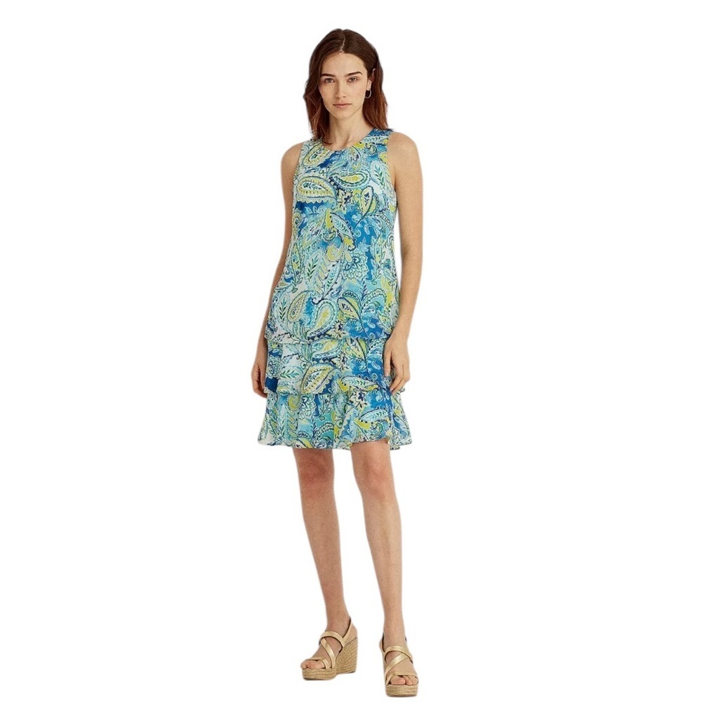 Lauren Ralph Lauren Georgette paisley tiered sleeveless shift dress blue yellow